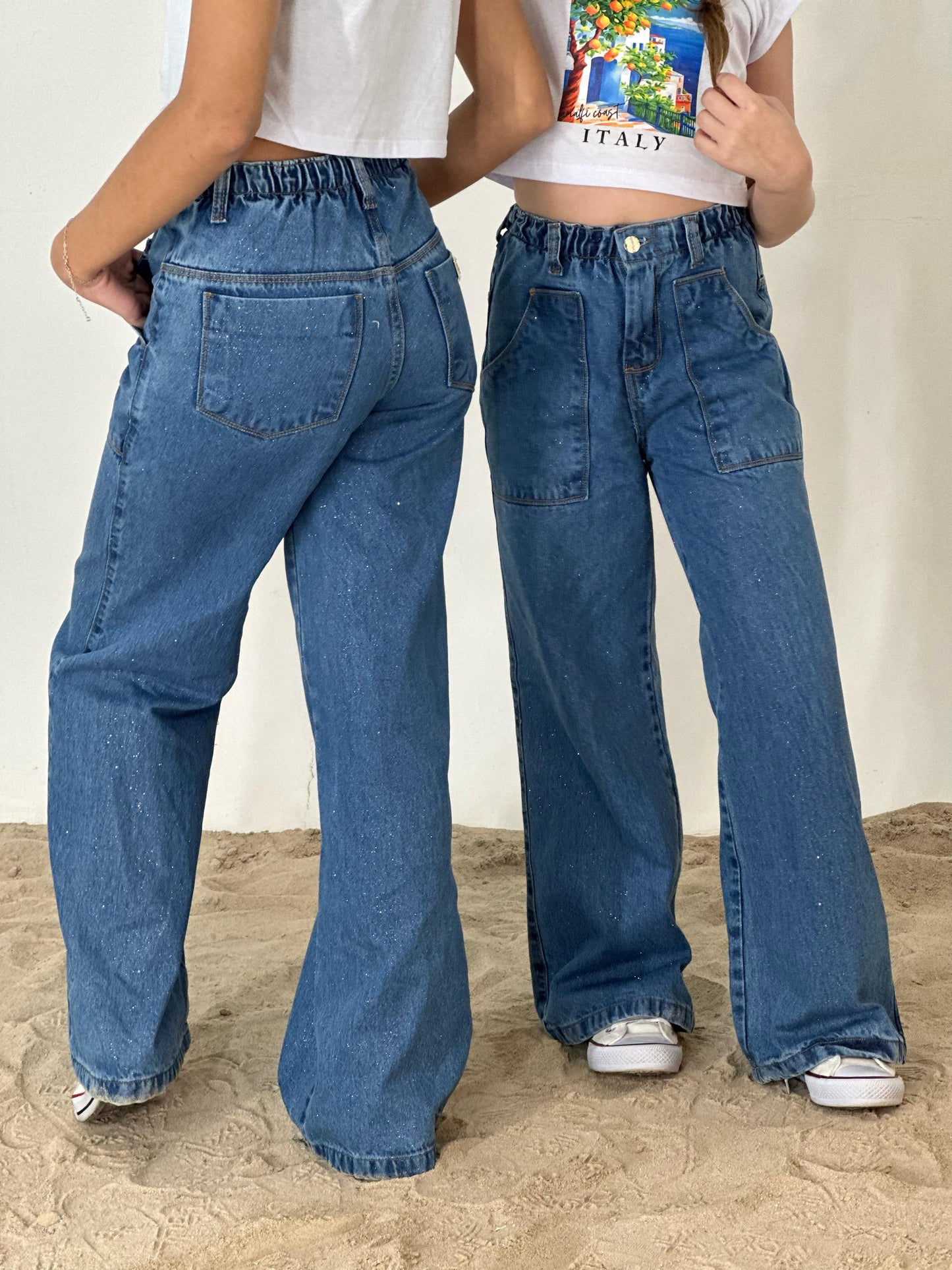 calça pantalona com brilho