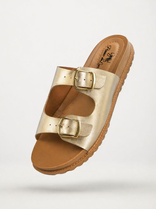 Mule Double Buckle Passo de Luxo Dourada