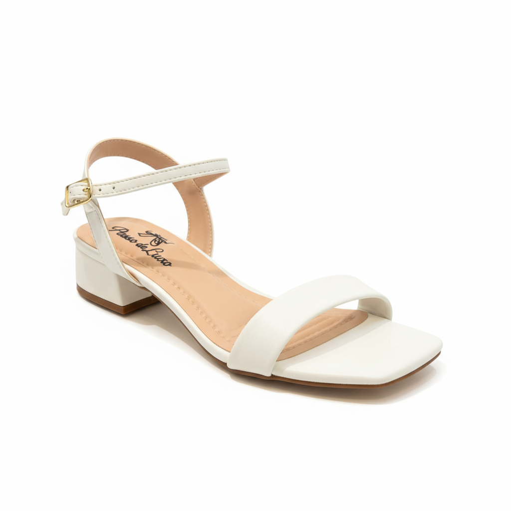 Sandália Salto Baixo Branca Clássica Passo de Luxo